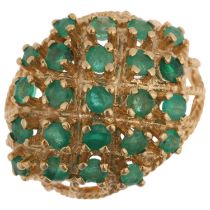 A large 1970s 9ct gold emerald bombe ring, maker H&M, London 1972, setting height 19.4mm, size O,
