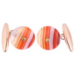 A pair of early 20th century 9ct gold banded agate panel cufflinks, indistinct maker, Birmingham