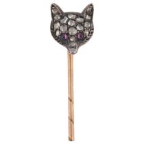 An Antique ruby and diamond fox-head stickpin, circa 1900, pave set with round cabochon ruby eyes