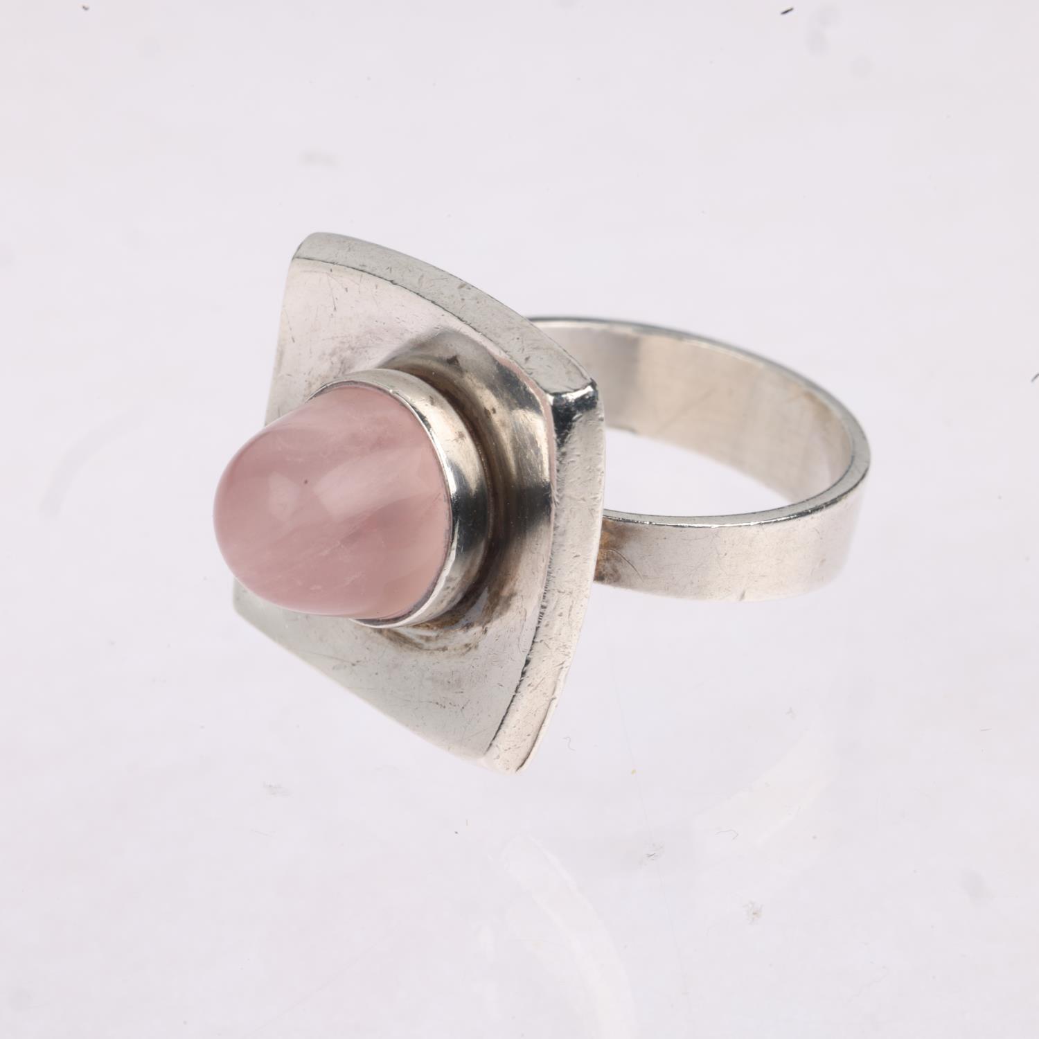 NIELS ERIK FROM - a a Danish modernist sterling silver rose quartz dress ring, concave square - Image 2 of 3