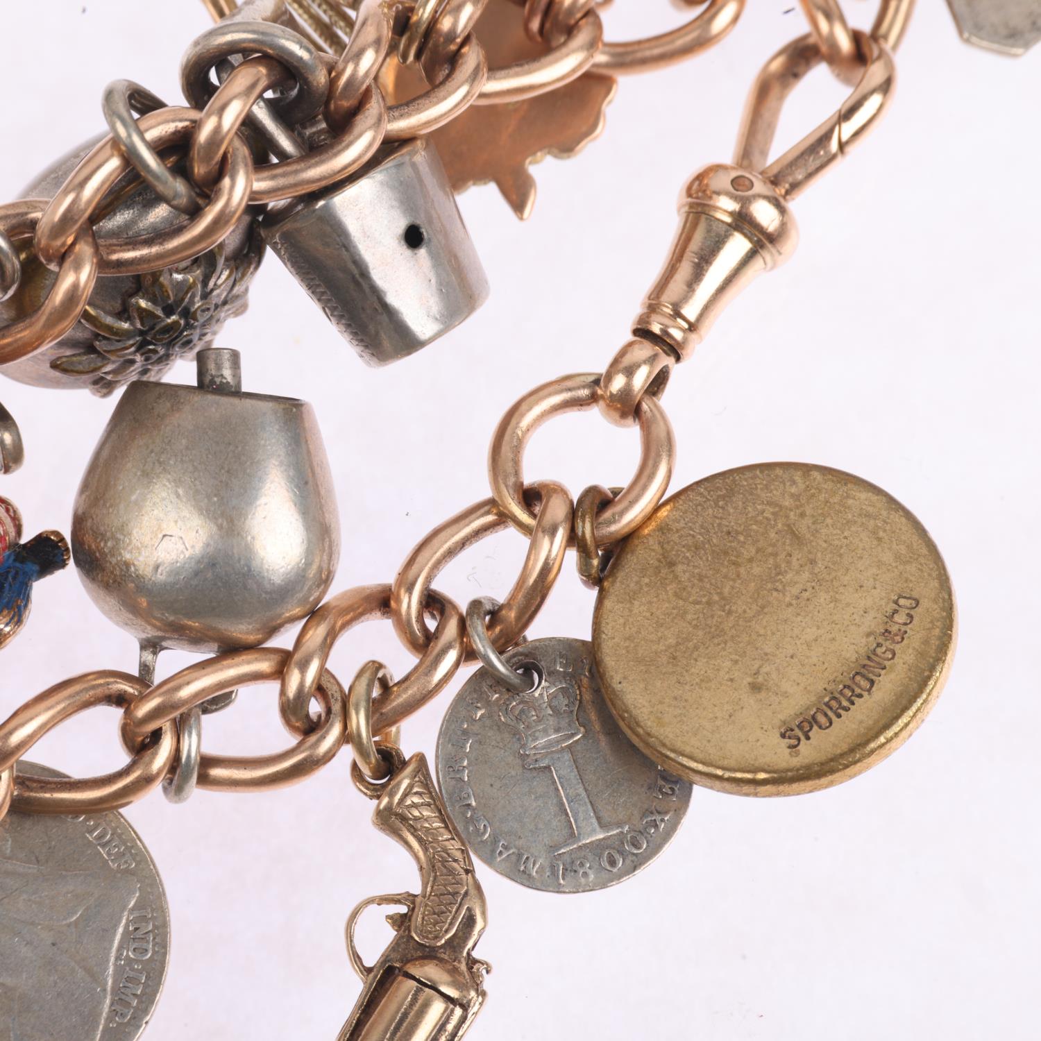An Antique 15ct rose gold curb link chain charm bracelet, with various gold and silver charms, 18cm, - Image 3 of 4