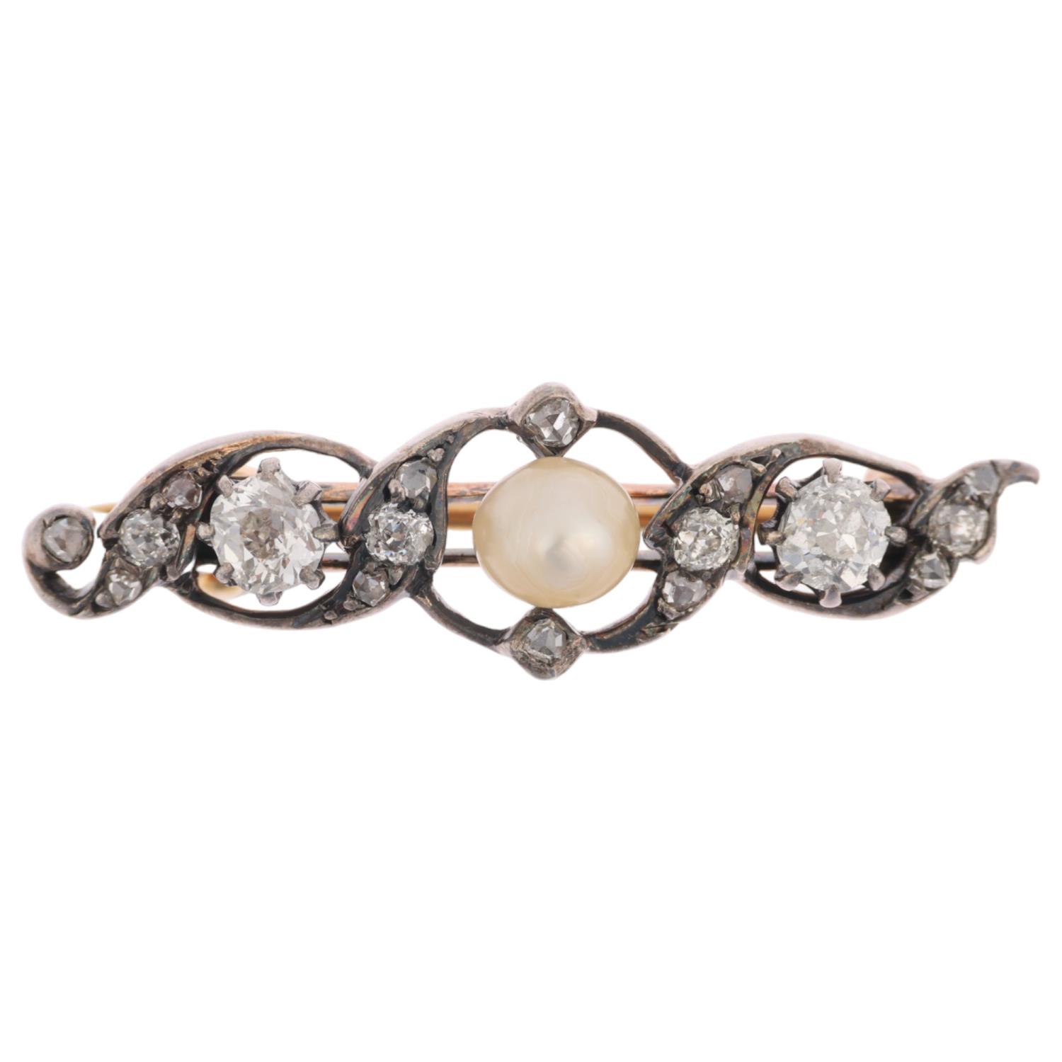 An Art Nouveau pearl and diamond openwork bar brooch, circa 1900, centrally set with 6mm pearl