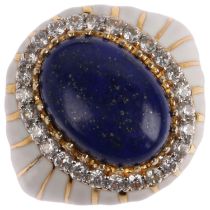A sterling silver-gilt lapis lazuli cubic zirconia and white enamel dress ring, setting height 19.
