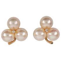 A pair of 14ct gold whole pearl and diamond clover earrings, with stud fittings, 15.2mm, 3.8g No