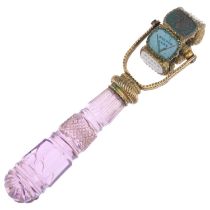 An Antique amethyst glass-handled wax seal fob wheel, with various hardstone fobs, 9cm, 37g