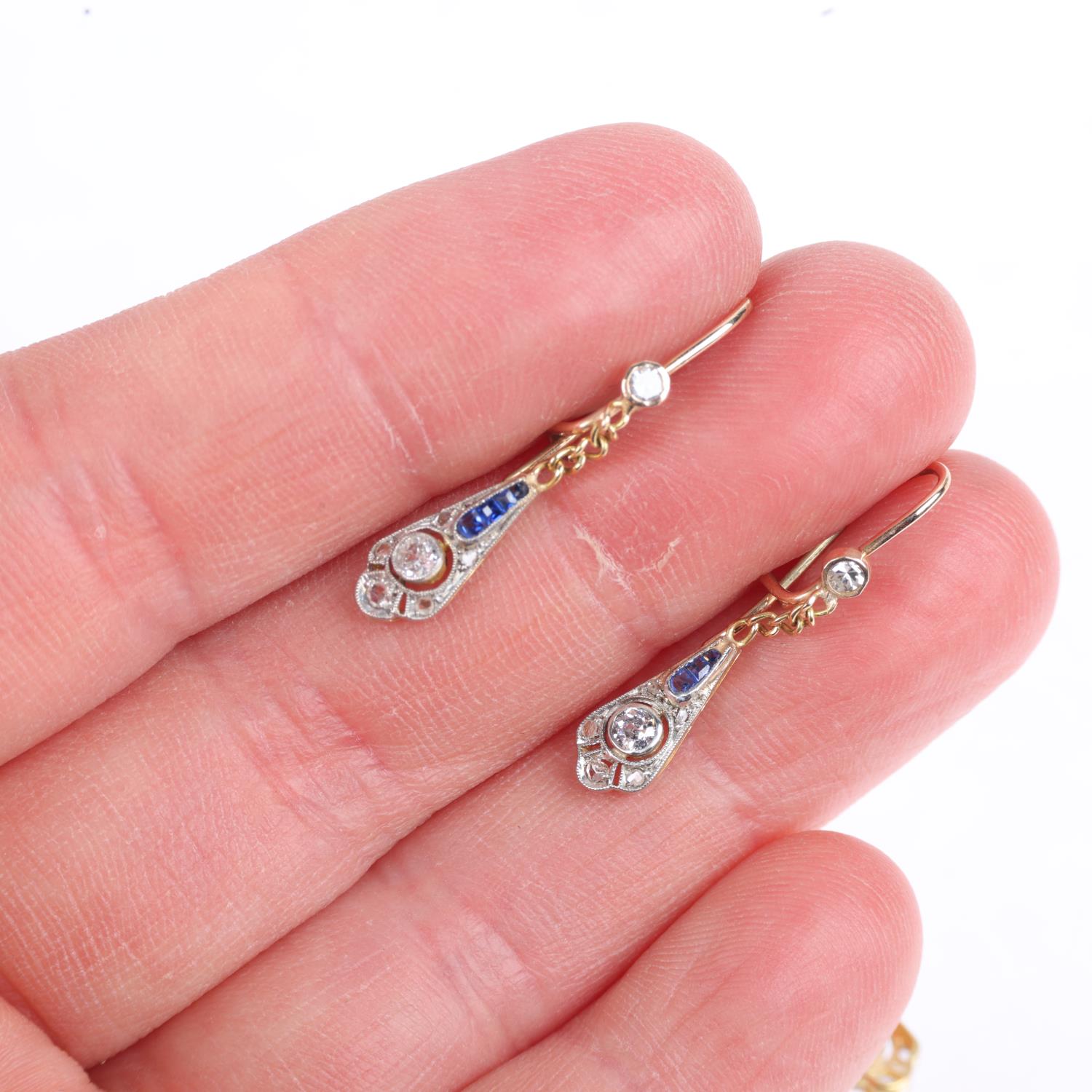 An Art Deco sapphire and diamond matching pendant and earring set, the matching lobed drops set with - Image 4 of 4