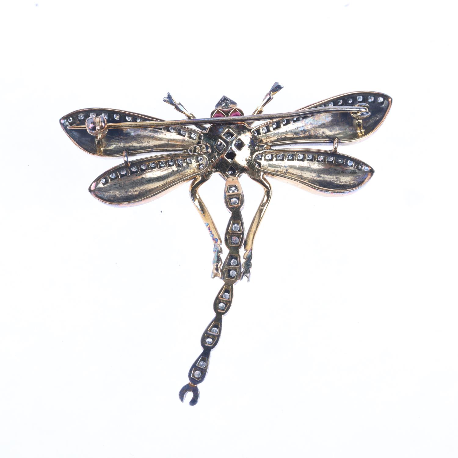 An 18ct gold ruby diamond and enamel figural dragonfly brooch, in the Victorian style, set with - Image 3 of 4