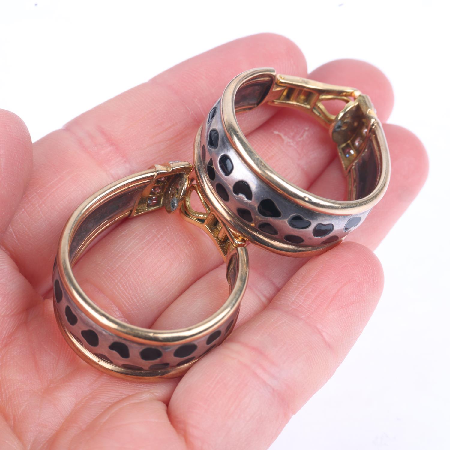 GAY FRERES - a pair of French 18ct gold silver diamond and enamel 'Leopard Spot' hoop clip-on - Image 4 of 4