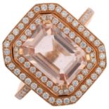 An 18ct gold morganite and diamond rectangular cluster panel ring, maker TP, London 2014, claw set