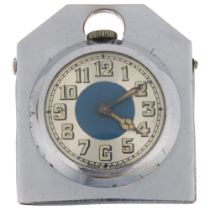 An Art Deco French chrome plated open-face keyless travel bedside timepiece, blue and silvered