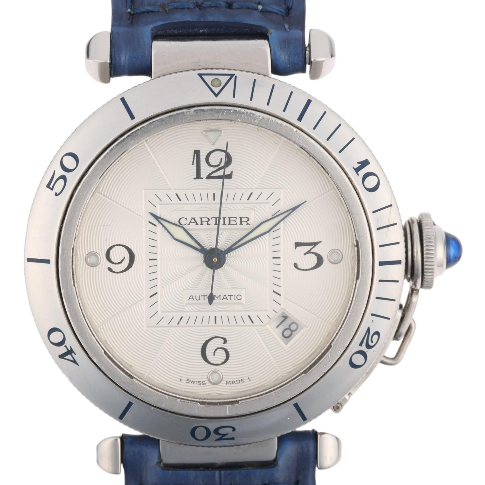 CARTIER - a stainless steel Pasha De Cartier automatic calendar wristwatch, ref. 2379, engine turned