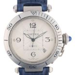 CARTIER - a stainless steel Pasha De Cartier automatic calendar wristwatch, ref. 2379, engine turned