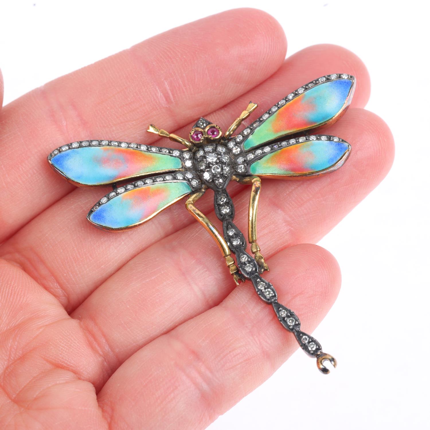 An 18ct gold ruby diamond and enamel figural dragonfly brooch, in the Victorian style, set with - Image 4 of 4