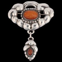 MICHAEL AISIKOVITSCH - an Art Nouveau Danish silver and amber wreath drop brooch, 75mm, 8.8g All