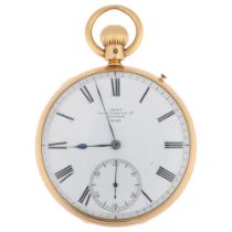 A 19th century 18ct gold open-face keyless pocket watch, by Dent of 33 Cockspur Street London,