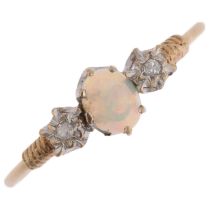 A late 20th century 9ct gold three stone opal and diamond ring, maker P&RB, Birmingham 1980, claw
