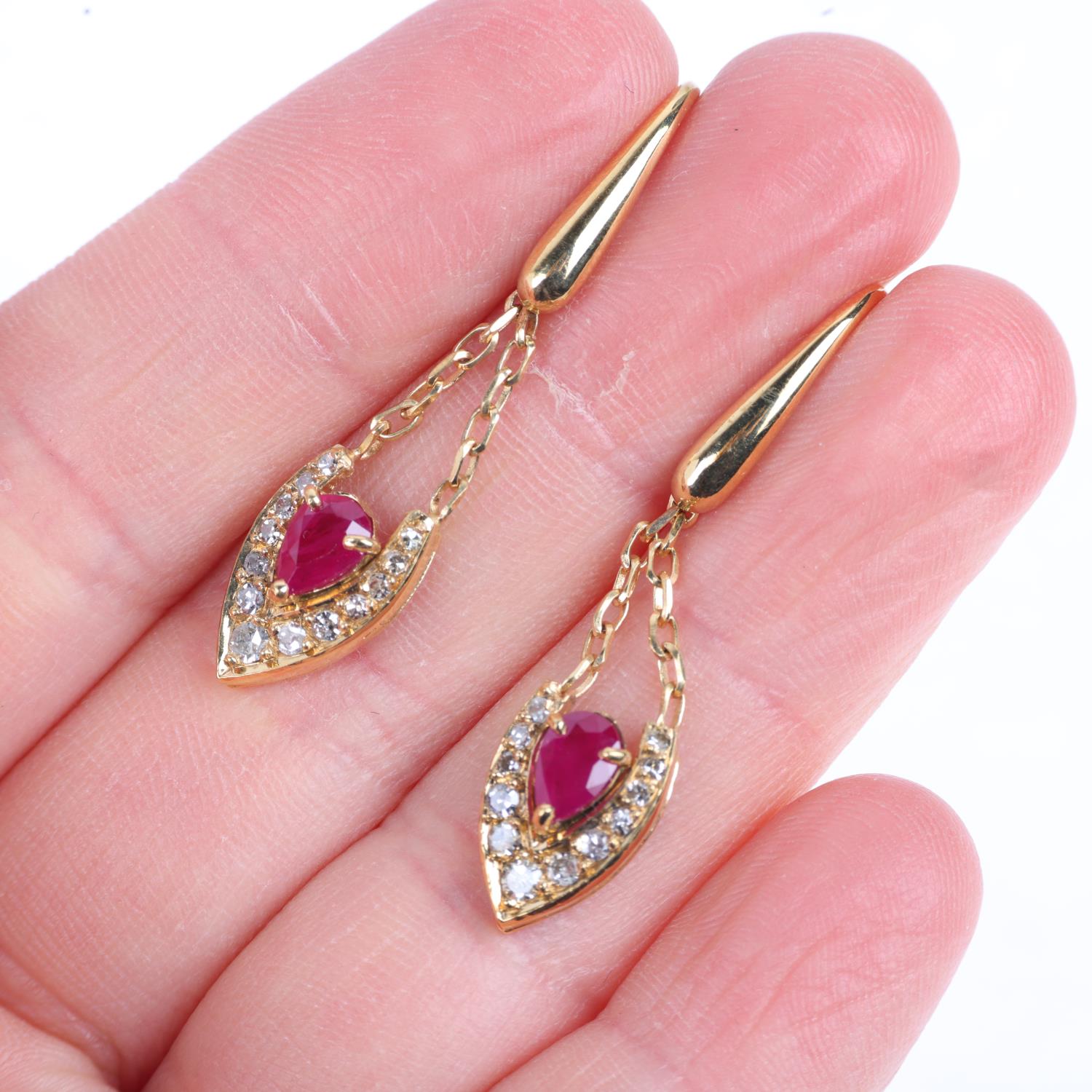 A pair of Italian 18ct gold ruby and diamond marquise drop earrings, set with pear-cut rubies, - Image 4 of 4