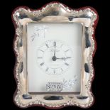 An Elizabeth II silver-fronted quartz mantel clock, R Carr, Sheffield 1991, 14.5cm x 11cm, boxed New