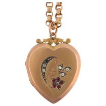 An Antique 9ct back and front heart photo locket pendant, on 9ct gold belcher link chain, pendant