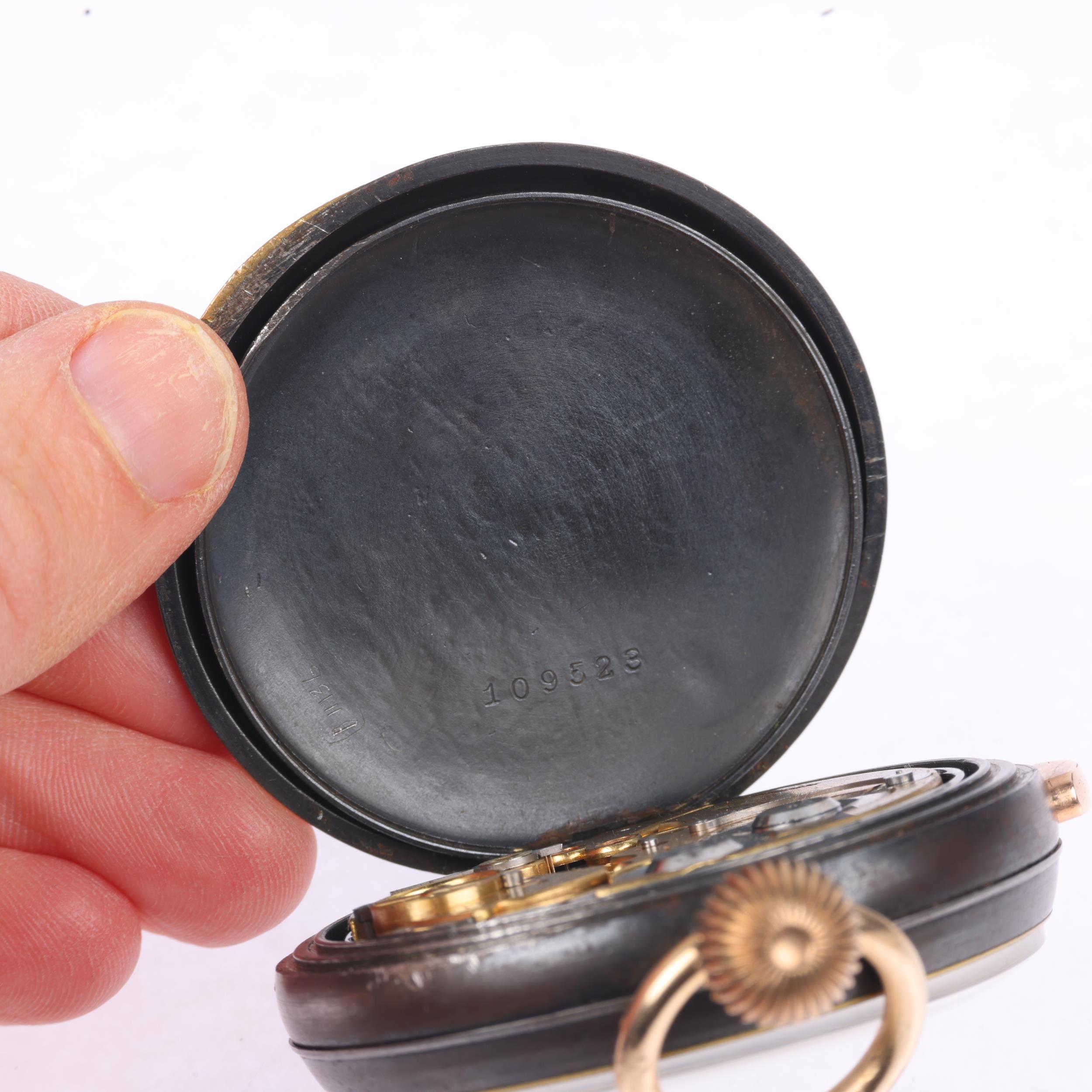 An early 20th century gunmetal quarter repeater open-face keyless pocket watch, white enamel dial - Image 5 of 5