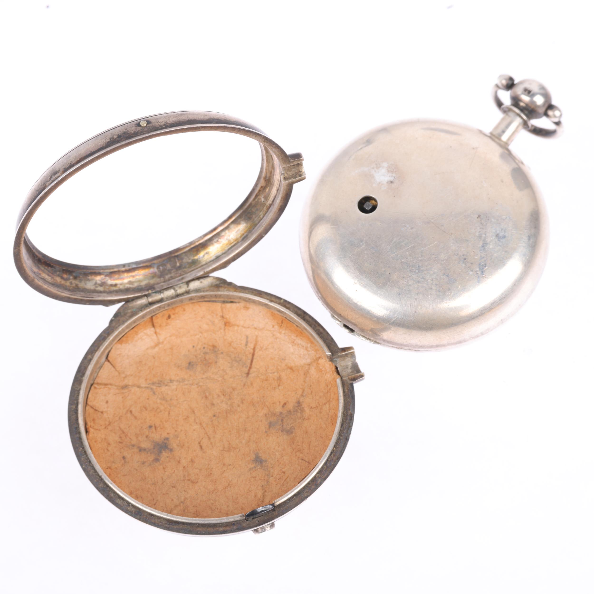 A mid-19th century silver pair-cased open-face key-wind verge pocket watch, white enamel dial with - Image 3 of 5