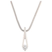 A modern platinum 0.25ct solitaire diamond pendant necklace, on platinum snake link chain, colour