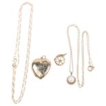Various jewellery, comprising 2 x 9ct gold necklaces, 5.3g gross, 9ct heart locket, 3.6g, and