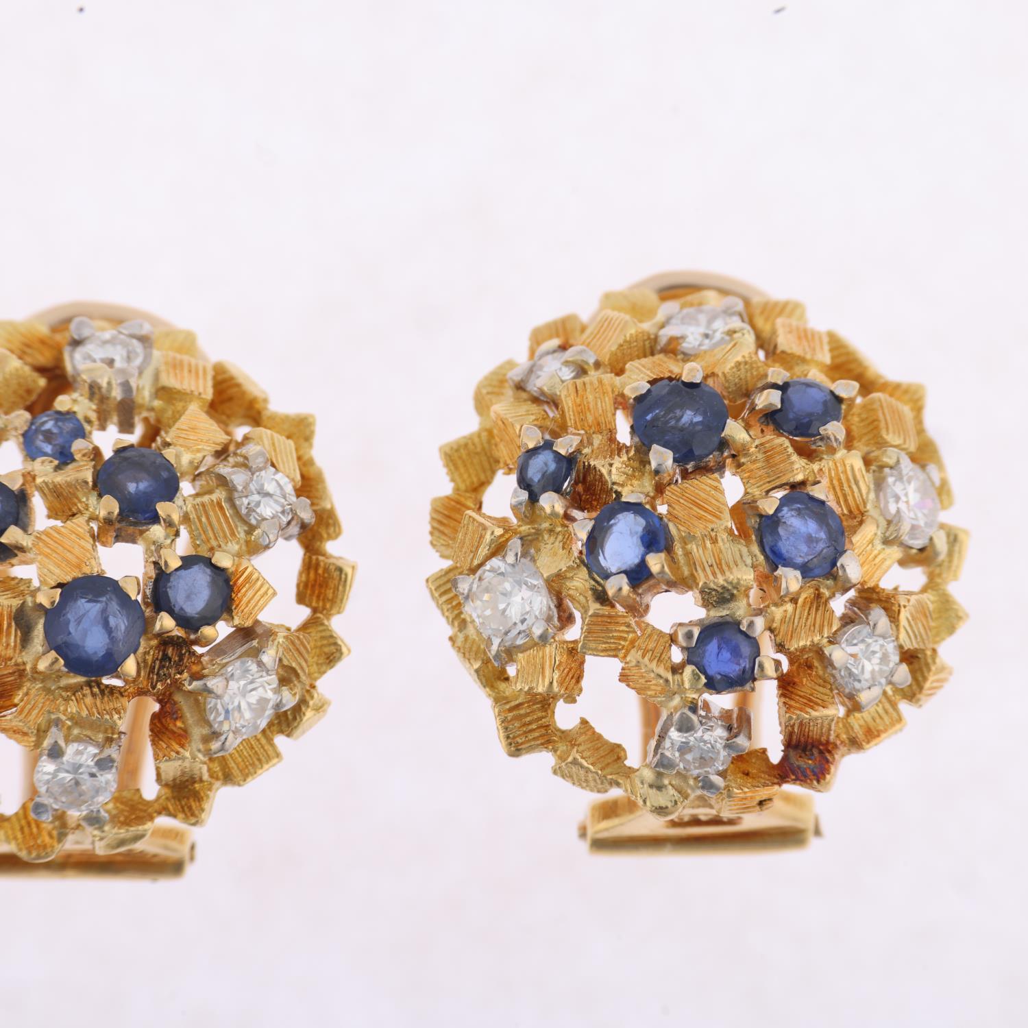 JOHN DONALD - a pair of 1970s 18ct gold sapphire and diamond abstract clip-on earrings, maker JAD, - Image 2 of 4