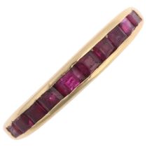 An 18ct gold ruby half eternity ring, maker A&HR, London 1995, band width 3.5mm, size L, 3.1g No