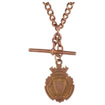 An Antique 9ct rose gold solid curb link Albert chain necklace, with 9ct medal fob, 2 x 9ct dog