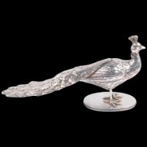 A 19th century German silver model peacock bird table scent bottle, Simon Rosenau, Bad Kissingen,