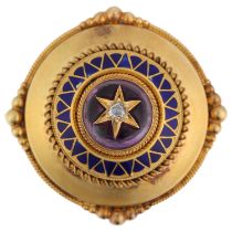 A Victorian Etruscan Revival diamond amethyst and blue enamel bombe memorial brooch, circa 1880,