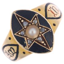 A 19th century 18ct gold split pearl diamond and black enamel 'In Memoriam' mourning ring, maker JW,