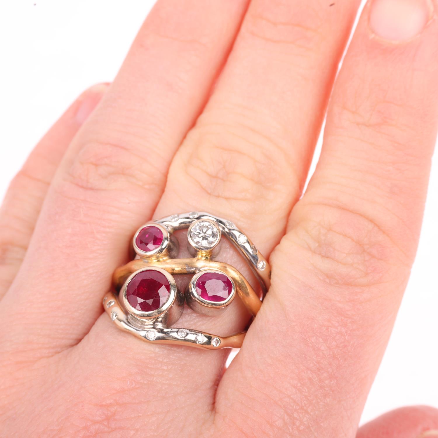 A large 18ct two-colour gold ruby and diamond openwork ring, maker H&T Ltd, setting height 20.5mm, - Image 4 of 4