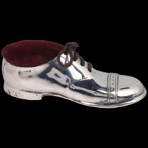 A George V novelty silver brogue shoe pin cushion, S Blanckensee & Son, Chester 1910, reg. no.
