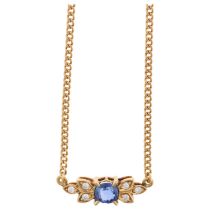 An 18ct gold sapphire and diamond flowerhead pendant necklace, on integral 18ct fine curb link