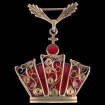 VOLMER BAHNER - a Danish sterling silver-gilt red enamel Kingmark crown drop brooch, 51.2mm, 17.6g