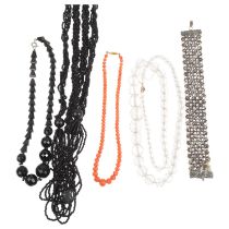 Various jewellery, including single strand coral bead necklace, cut-steel bracelet, etc Lot sold