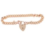 A 9ct rose gold solid curb link chain bracelet, with 9ct heart padlock clasp, maker JH&S, Birmingham