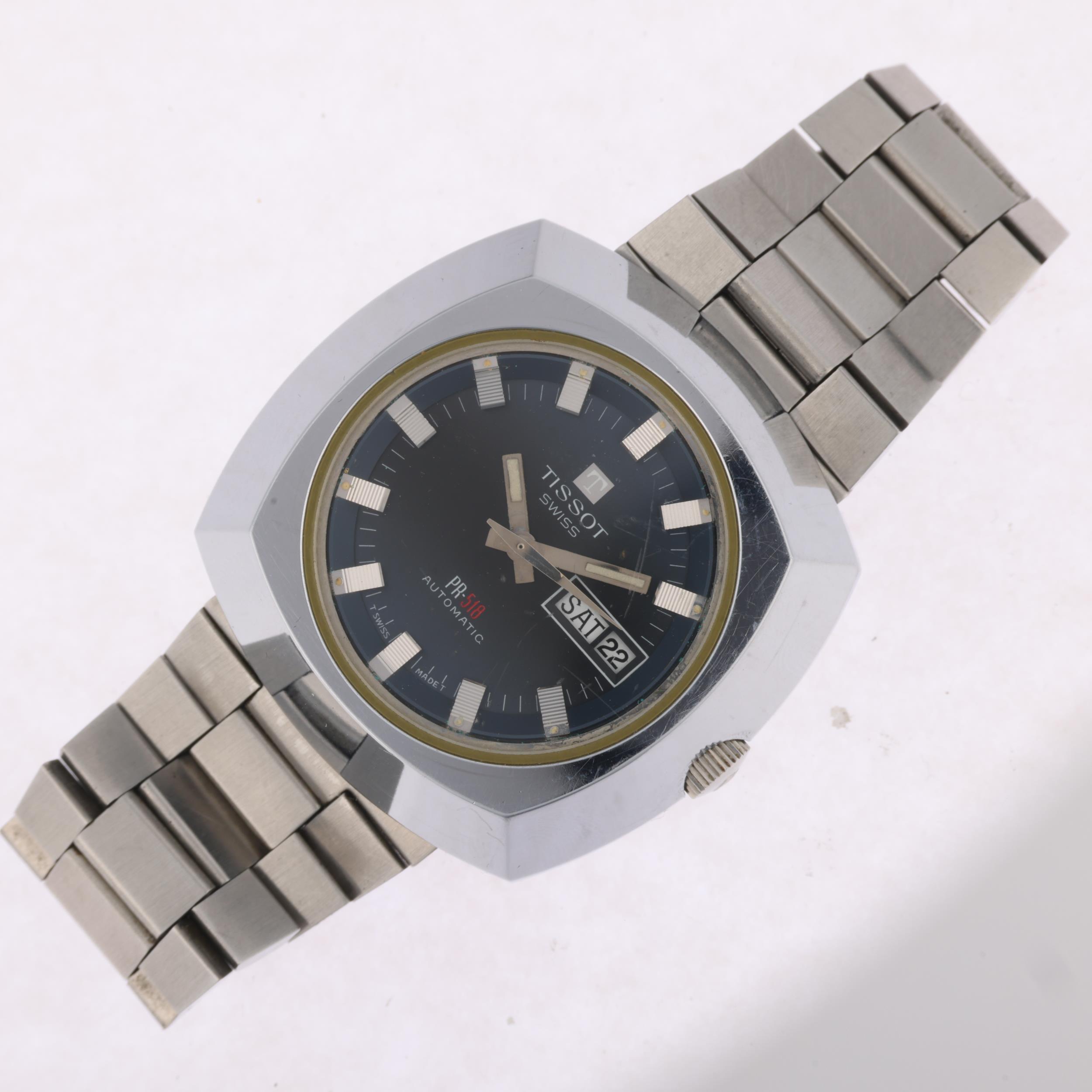 TISSOT - a Vintage stainless steel PR-518 automatic calendar bracelet watch, circa 1970s, ombre blue - Image 2 of 5