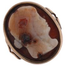 An Antique Jasper hardstone cameo ring, high relief carved depicting female profile, in unmarked
