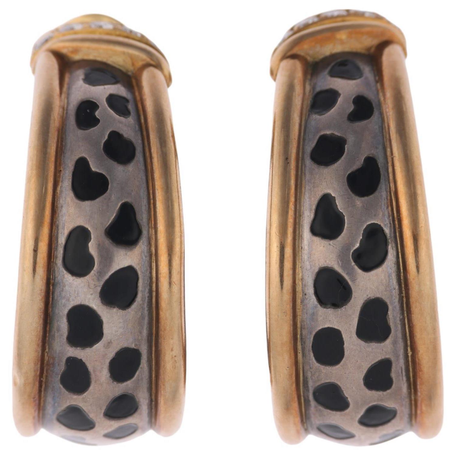 GAY FRERES - a pair of French 18ct gold silver diamond and enamel 'Leopard Spot' hoop clip-on