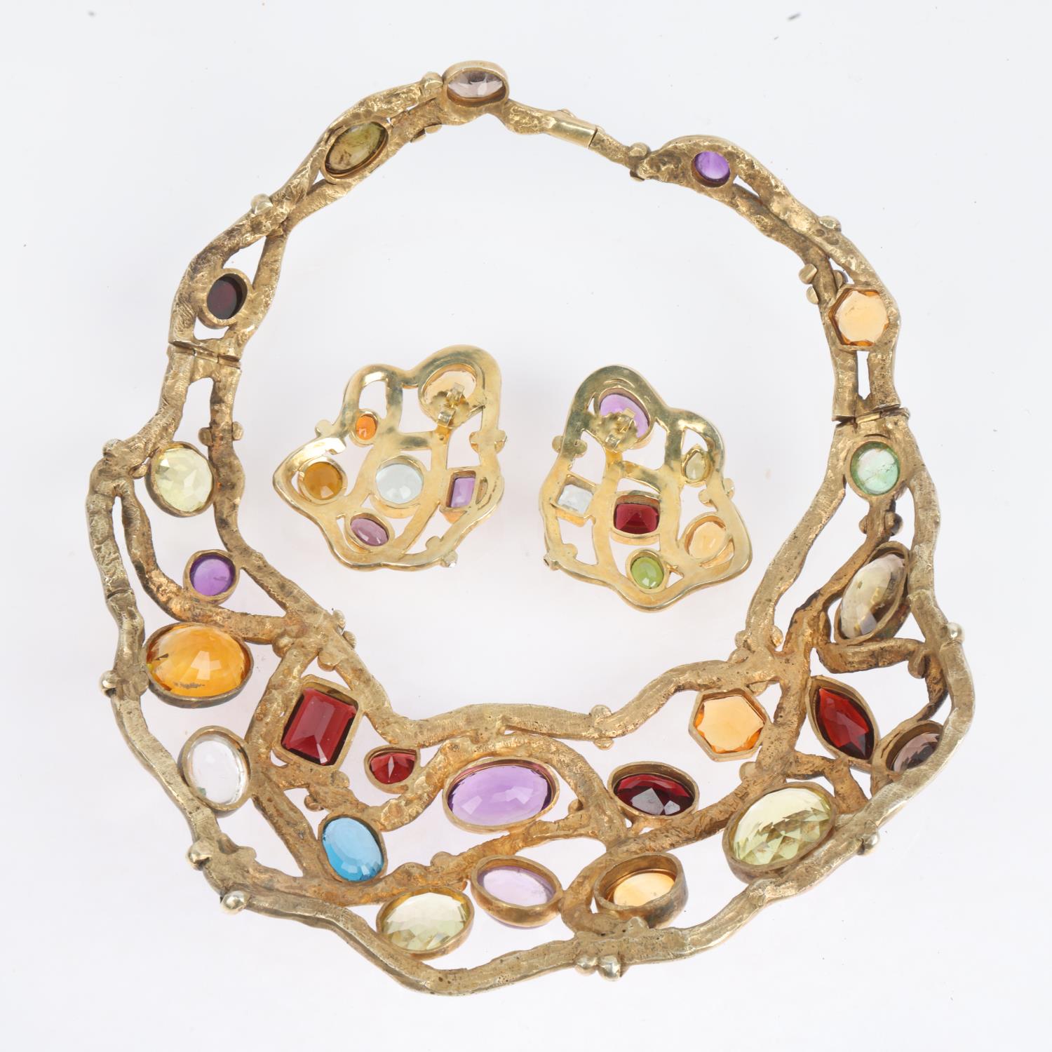 A heavy quality solid silver-gilt gem set collar bib necklace and earring set, by Peter Farrow, - Image 4 of 4