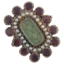 A Georgian 9ct gold flat-top garnet split pearl and hairwork mourning ring, circa 1820, central