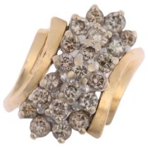 A 14ct gold diamond cluster crossover ring, set with modern round brilliant-cut diamonds, total