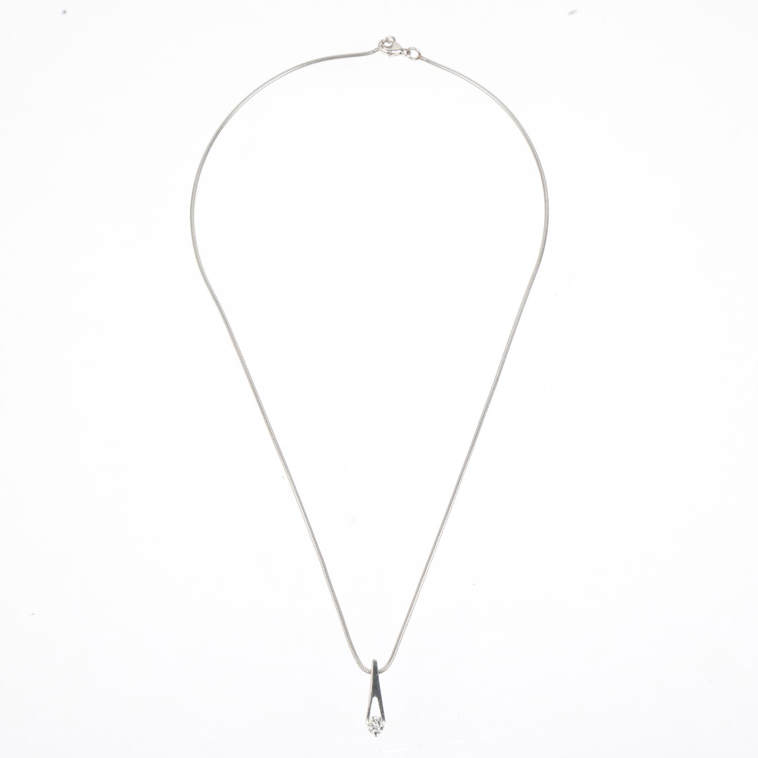 A modern platinum 0.25ct solitaire diamond pendant necklace, on platinum snake link chain, colour - Image 2 of 4