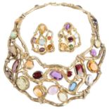 A heavy quality solid silver-gilt gem set collar bib necklace and earring set, by Peter Farrow,