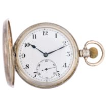 An early 20th century silver full hunter keyless pocket watch, by Pluto, white enamel dial with