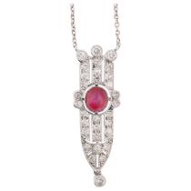 An Art Deco star ruby and diamond openwork geometric pendant necklace, circa 1925, centrally set