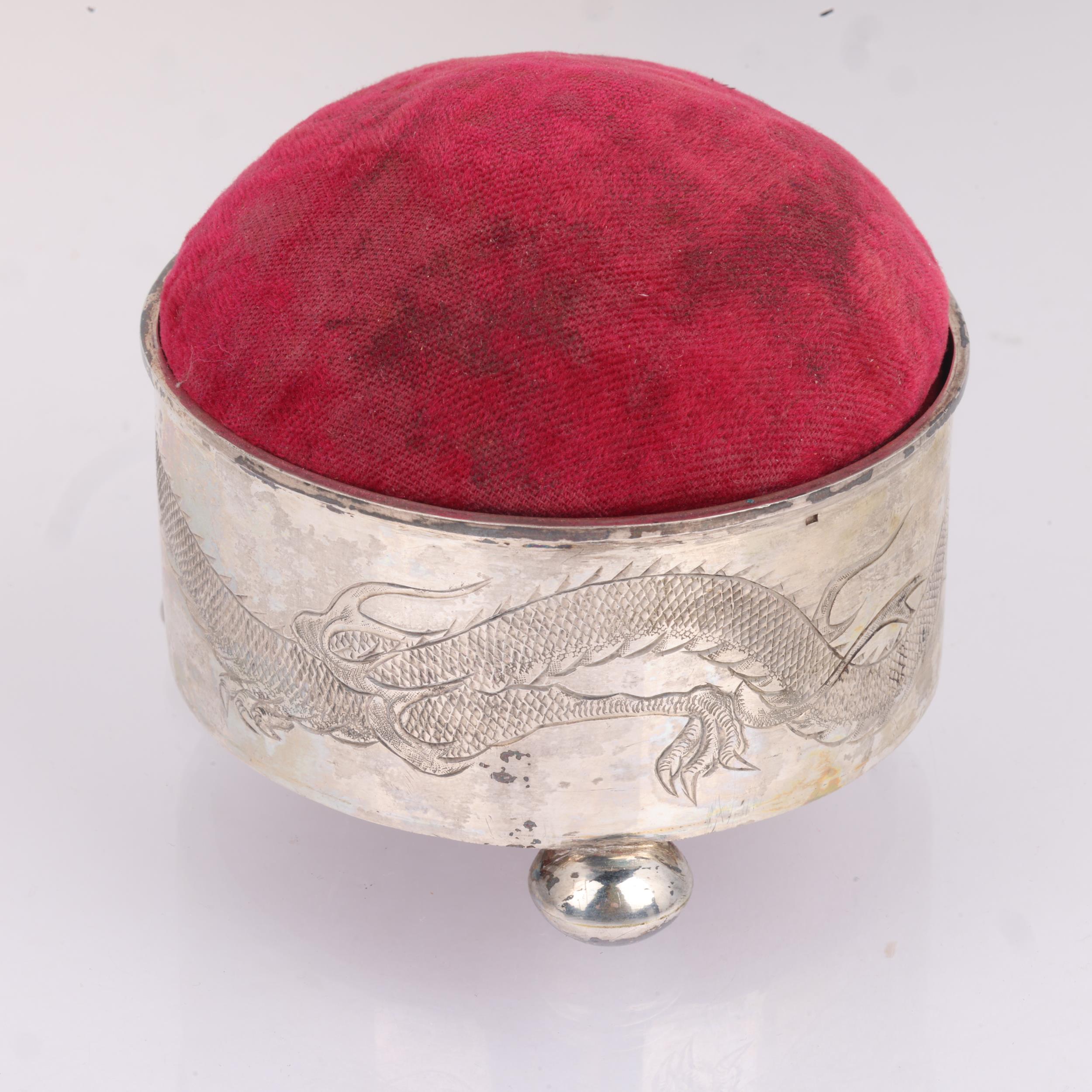 A Chinese export silver dragon pin cushion, 7.5cm, 3.4oz gross No damage or repair, only general - Image 2 of 3